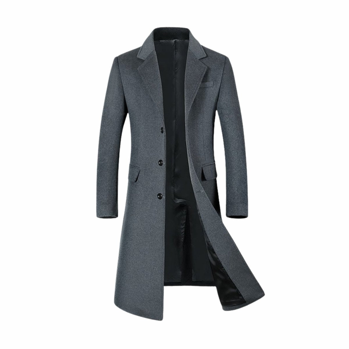 Ghost mannequin product shot of Kouvr men's grey single breasted outerwear coat displaying the interior lining, lapel structure, and button closure.