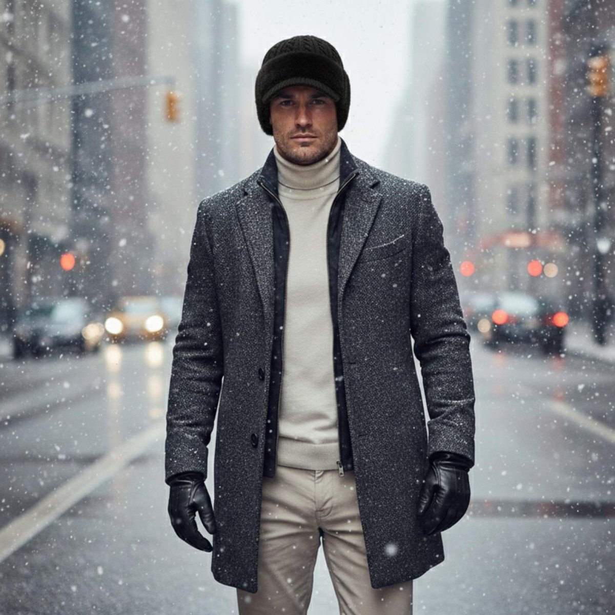 Stylish man wearing a black Kouvr Aspen trapper hat with a grey wool overcoat and turtleneck in a snowy city street.