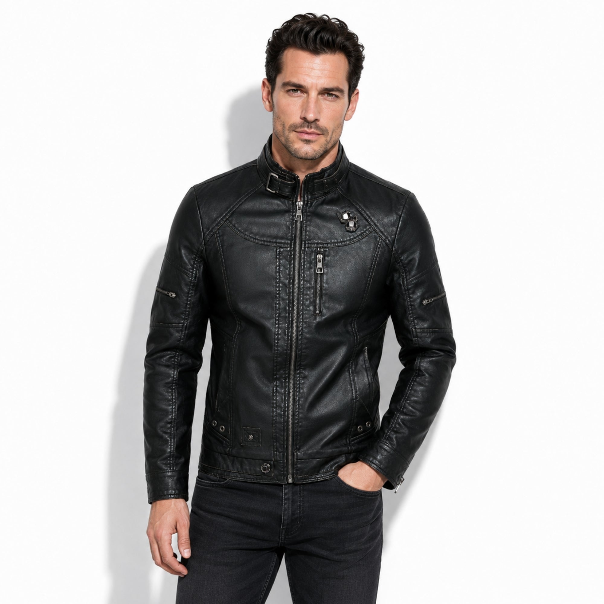 Front view of male model wearing Kouvr mens black premium distressed leather moto jacket with edgy hardware.