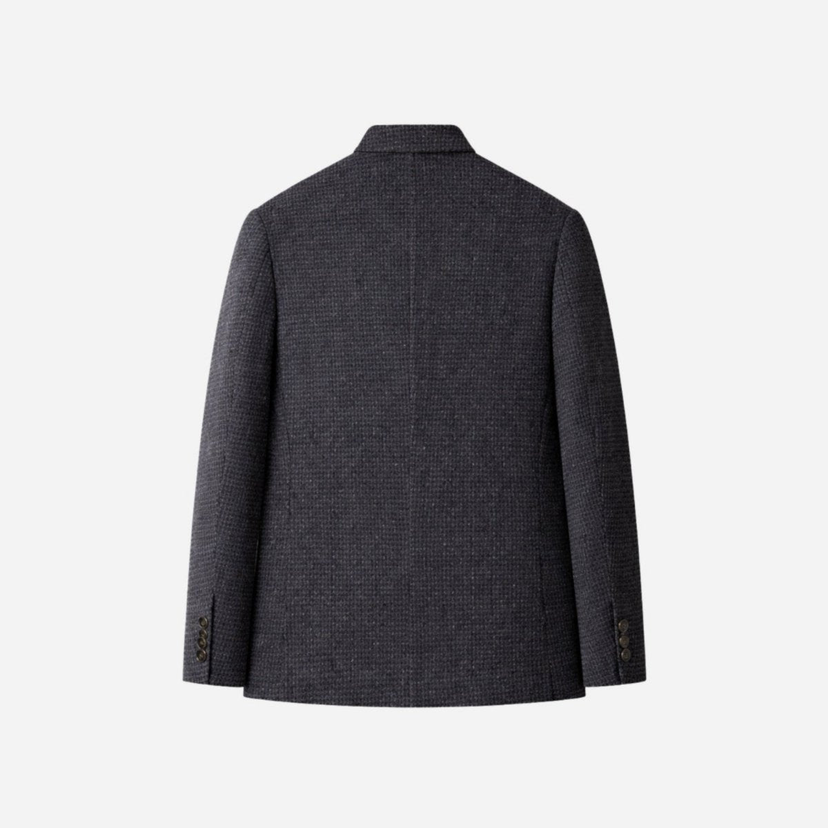 Flat lay back view of a men's plaid structured blazer showing the center seam and tailored fit.