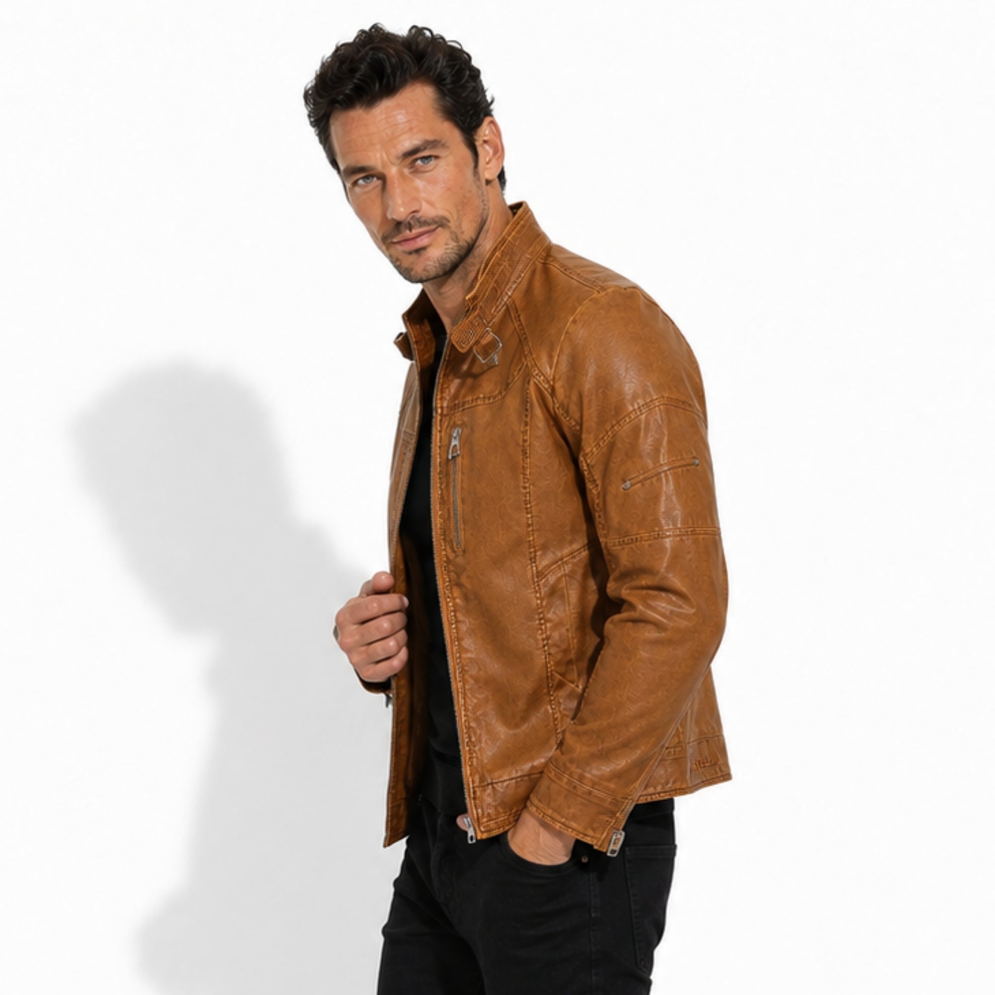 Side profile of Kouvr mens tan brown distressed leather cafe racer showing sleeve fit.