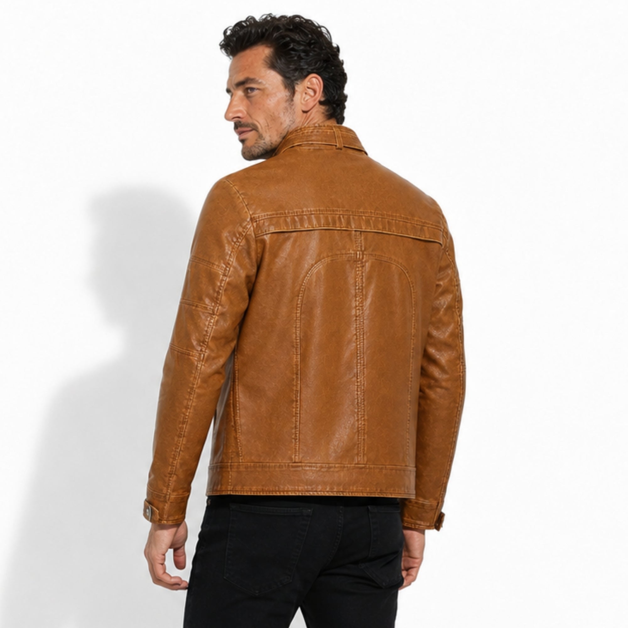 Back view of male model in Kouvr mens light brown premium vintage motorcycle coat.