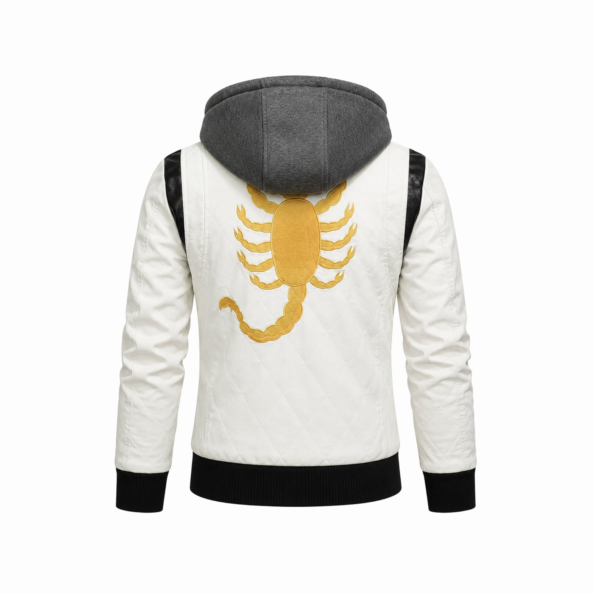 Flat lay back view of the Kouvr white leather jacket highlighting the striking golden scorpion embroidery against the white material.