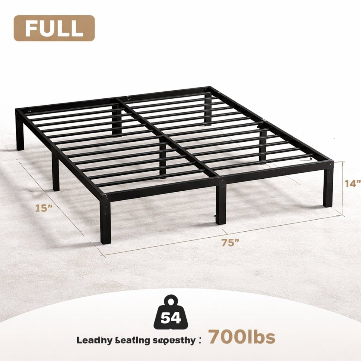 Technical dimensions of full size platform bed showing 75 inch length, 14 inch height, and 700lbs weight capacity certification.