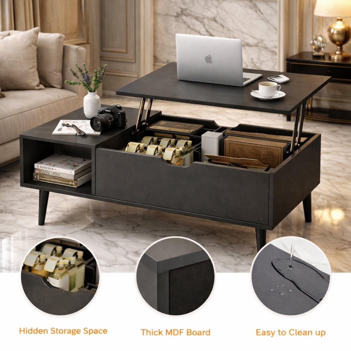 Product dimensions of the Kouvr Kinesis rectangular lift-top coffee table, showing length, width, and height in both closed and lifted positions.