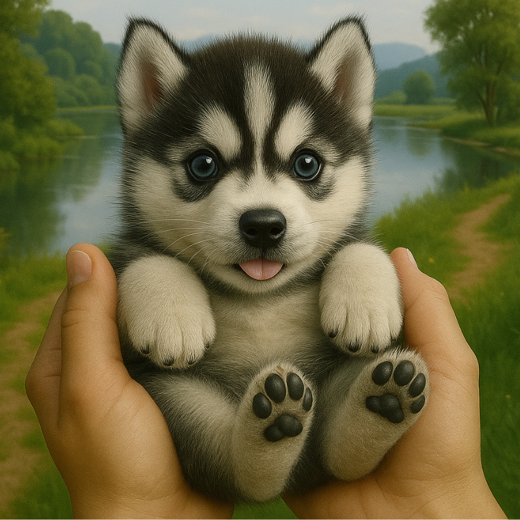 A hand holding a miniature, realistic plush husky puppy toy, showcasing detailed pink paw pads, bright eyes, and premium soft fur texture.