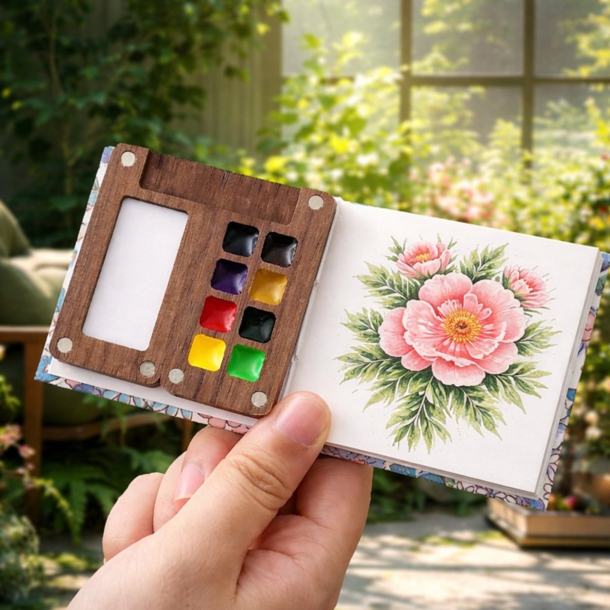 Hand holding an open miniature wooden watercolor palette and a tiny sketchbook displaying a vibrant, finished watercolor painting of a pink peony flower.