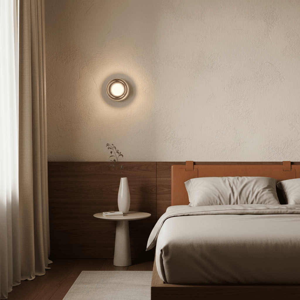 A modern circular glass sconce mounted above a bedside table in a minimalist neutral-toned bedroom with a leather headboard.