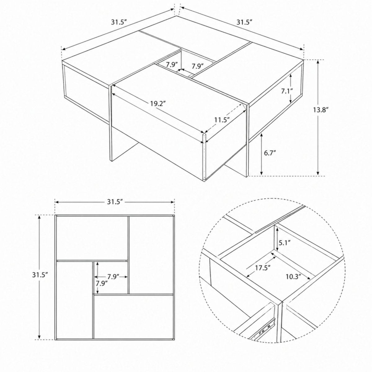Technical dimension diagram of a square storage coffee table showing a 31.5 inch width and detailed internal drawer measurements.