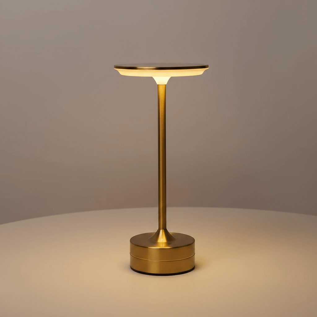 Gold battery operated desk lamp with stepless dimming function being used as an elegant workspace lighting solution.