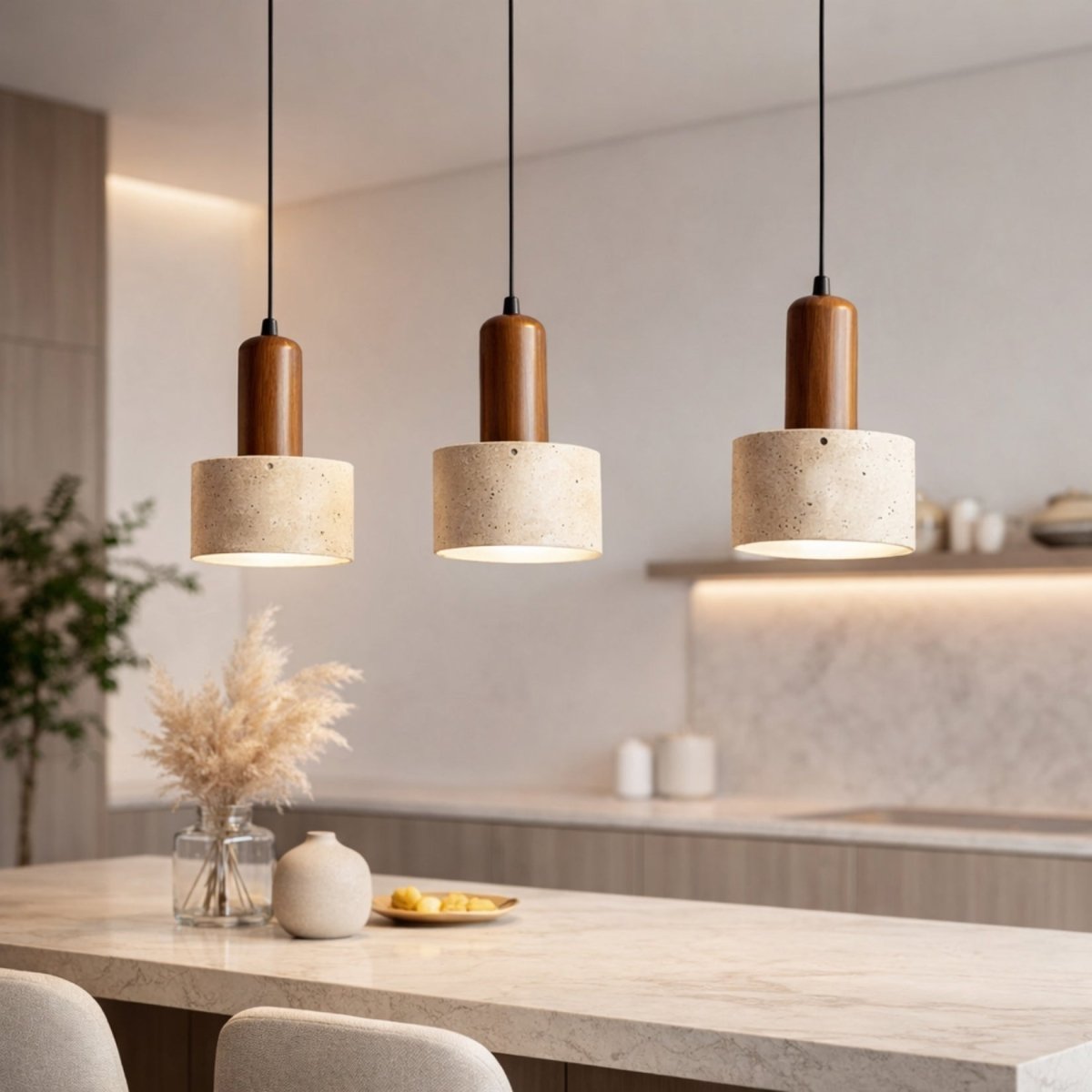 Close up of a cylindrical stone and wood pendant light acting as a floating bedside lamp over a marble nightstand in a cozy, luxury bedroom.