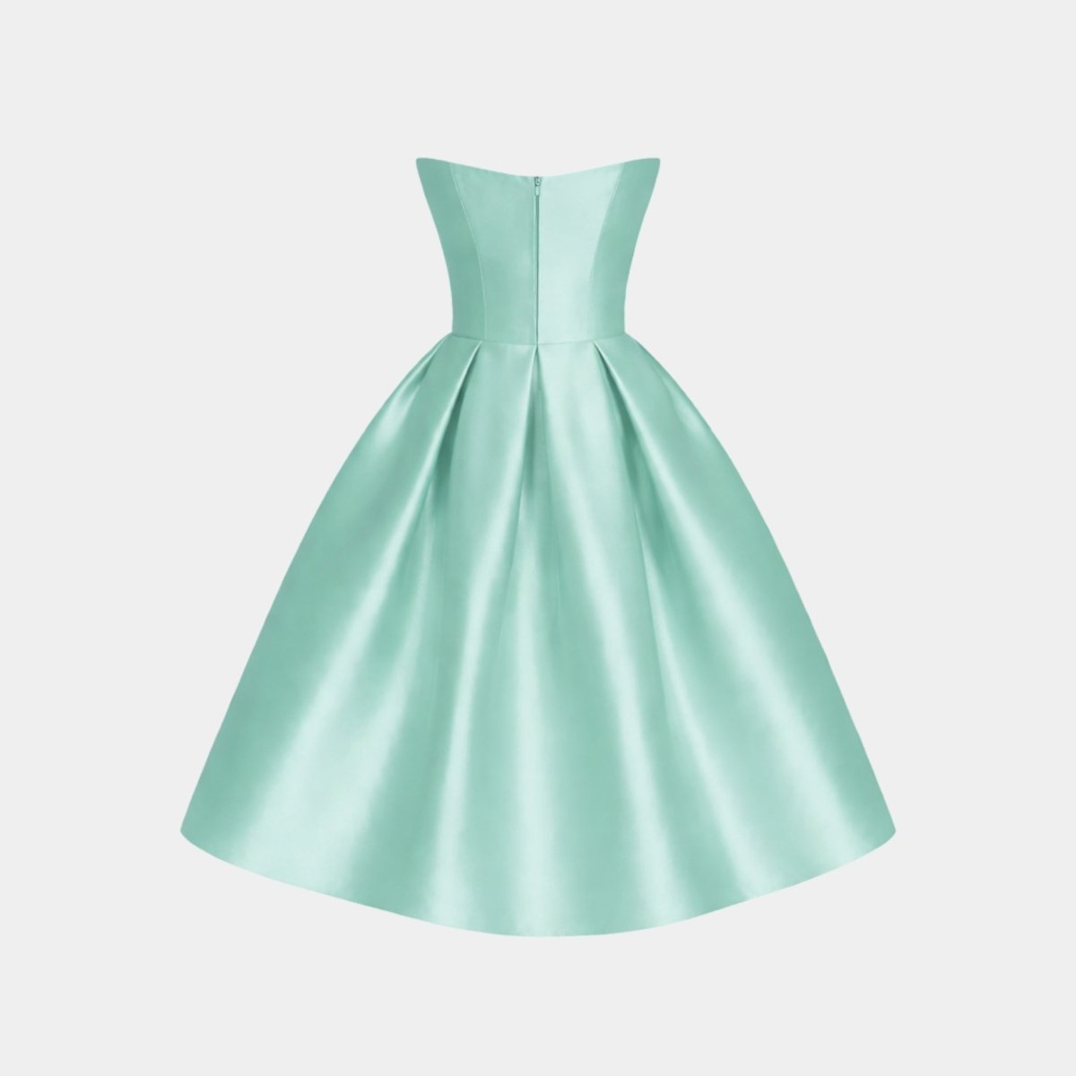 Flat lay back view of Kouvr mint green satin fit and flare strapless dress showing zipper closure