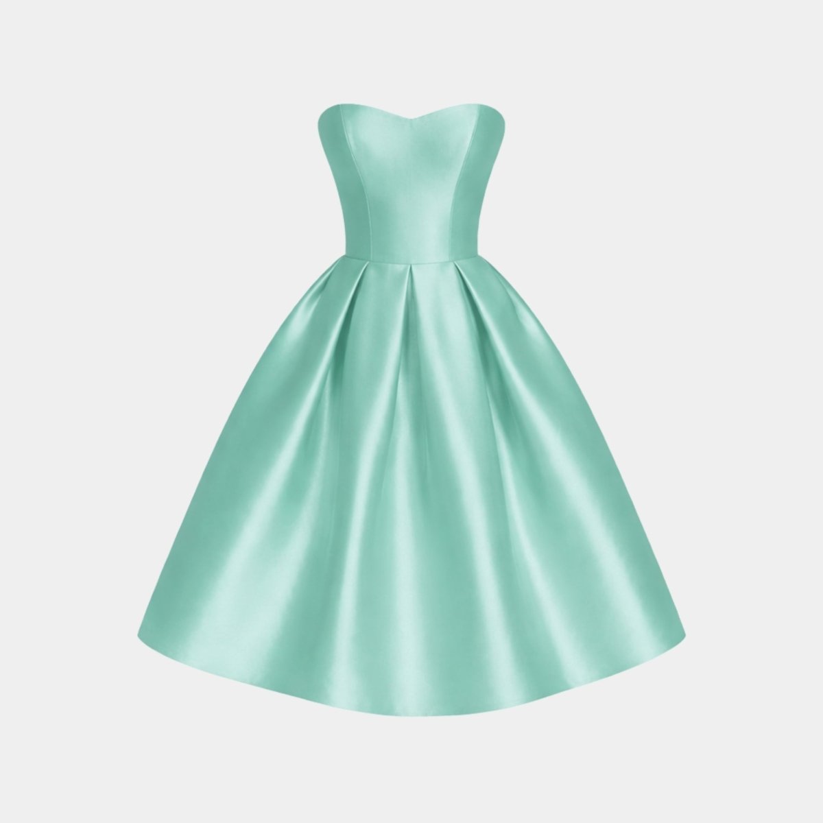 Flat lay front view of Kouvr mint green satin strapless sweetheart midi party dress