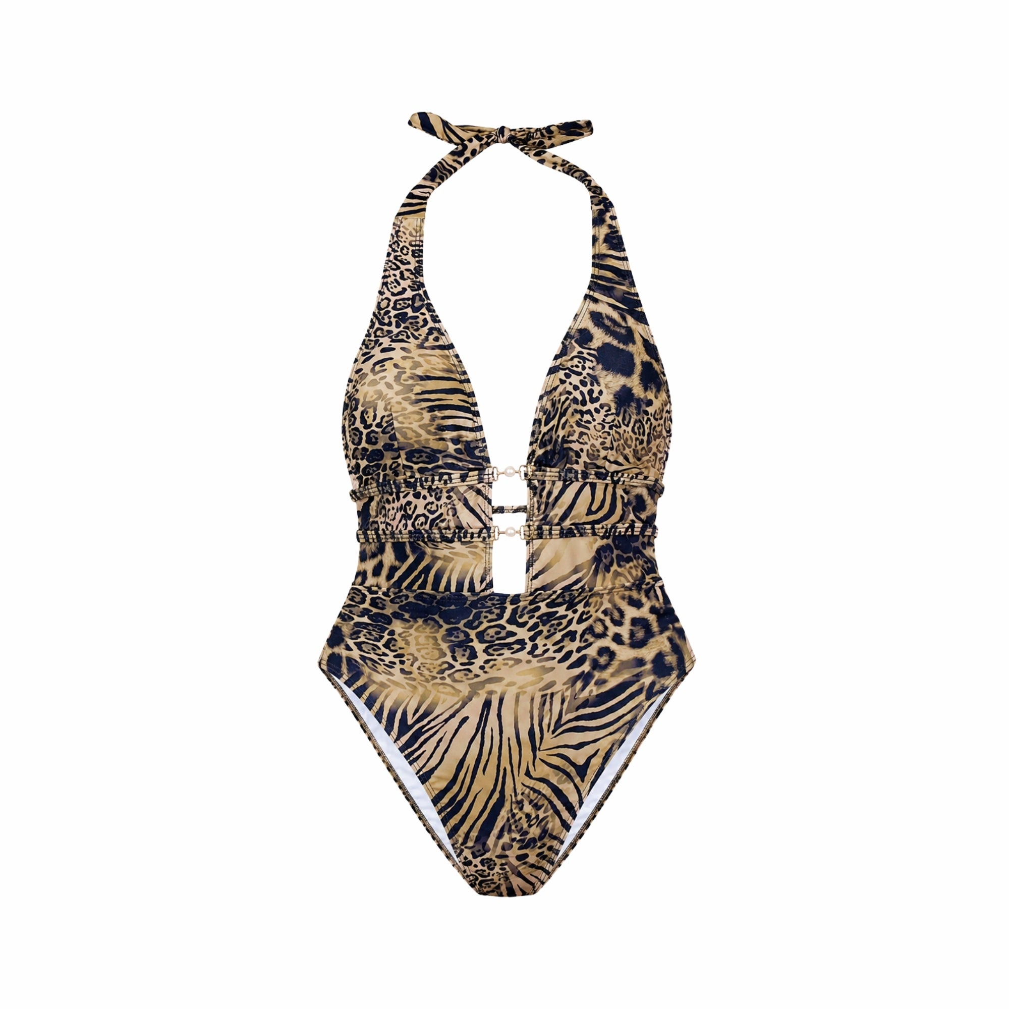Front product view of the Kouvr mixed animal print plunging V-neck one piece swimsuit highlighting the gold ring hardware and fabric pattern.