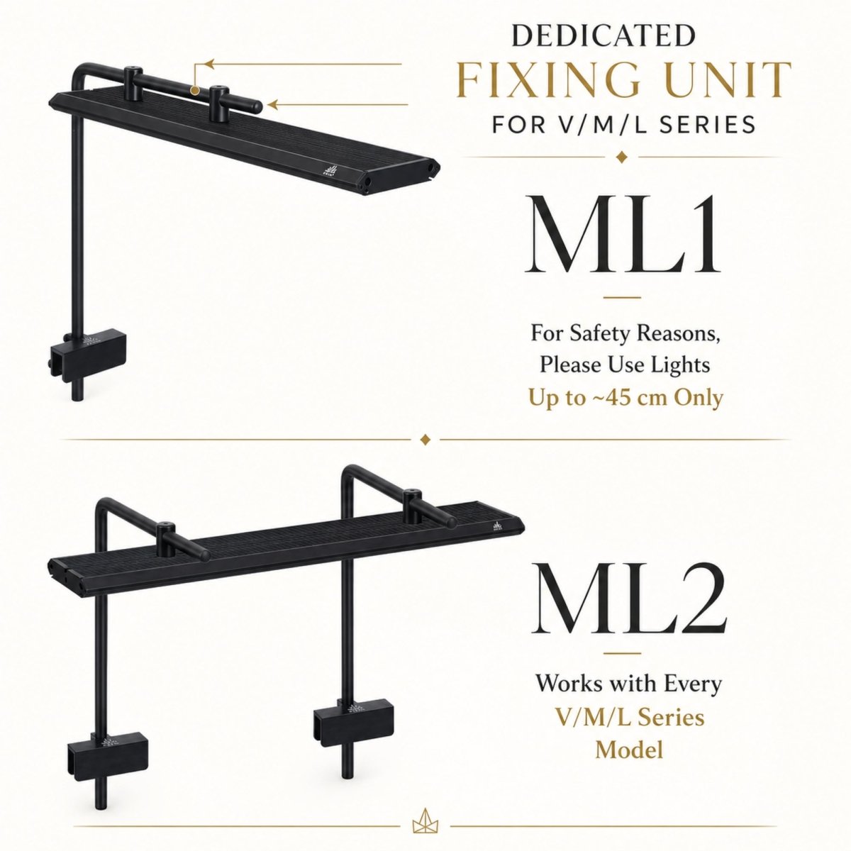 Dedicated fixing units securely attaching high end LED lighting fixtures to the Kouvr modern aquarium stand.