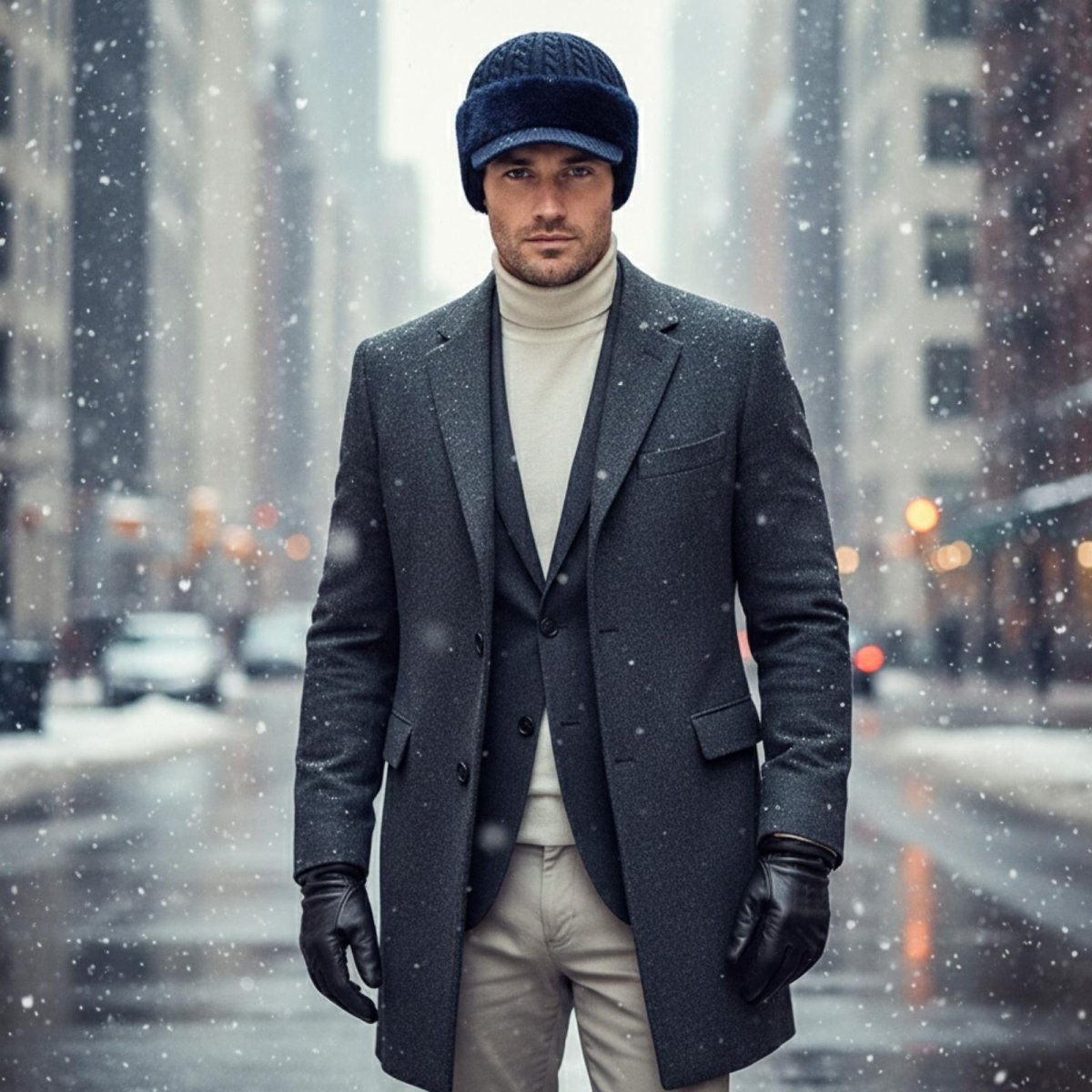 Front view of a man in a sophisticated winter outfit, wearing the Kouvr navy cable-knit hat with ear flaps down, looking directly at the camera in a snowy urban setting.