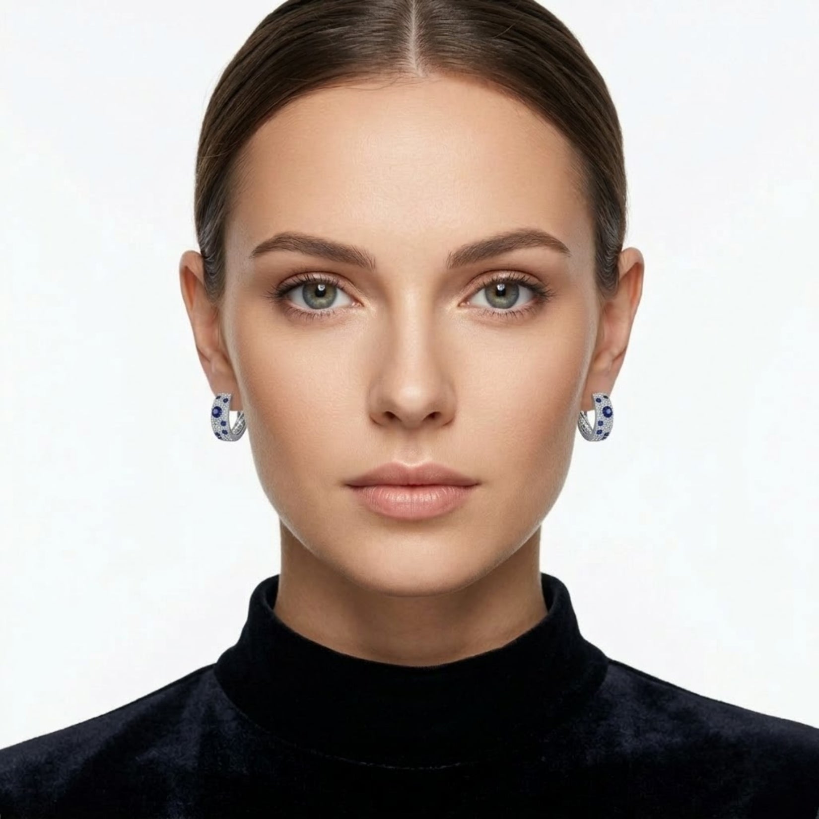 A close-up of a woman with her hair pulled back wearing the Kouvr Amaris sapphire and diamond hoop earrings, showcasing their scale and appearance when worn.