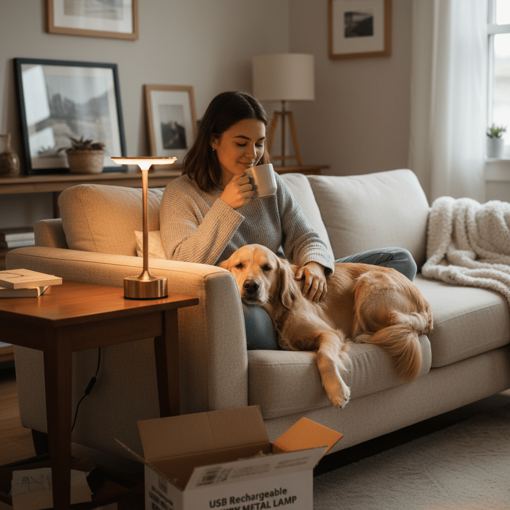 Woman relaxing in a cozy living room illuminated by a warm cordless metal table lamp