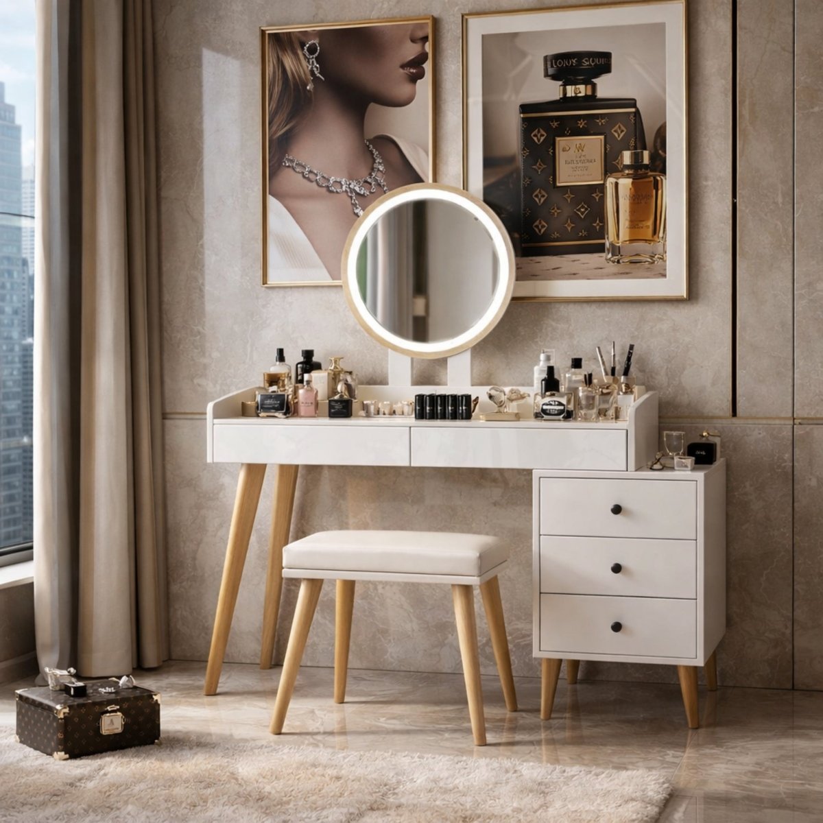 Elegant Kouvr vanity set styled with premium beauty products, displaying the versatile storage cabinet and sleek glass top surface.