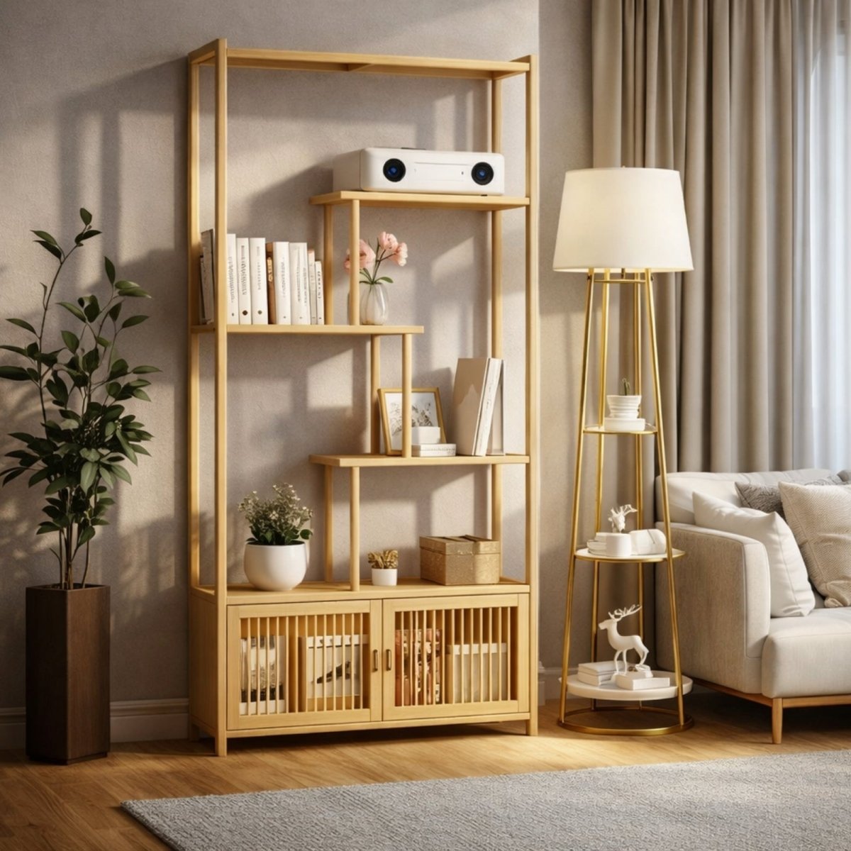 Modern etagere bookcase featuring asymmetric open shelves holding a projector and vase, showcasing minimalist Japandi design.