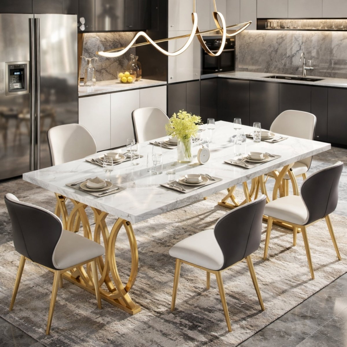 6 seater dining table with architectural gold metal base and white marble look top styled with grey chairs.