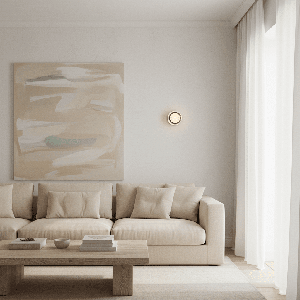 A single minimalist round glass wall light adding a warm accent above a beige contemporary sofa in a bright, airy living room.