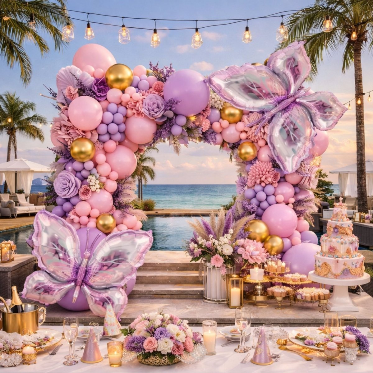 A modern luxury home entrance with a cascading lavender and pink balloon garland backdrop, iridescent butterfly balloons, and reflection pool for an exclusive lifestyle event.