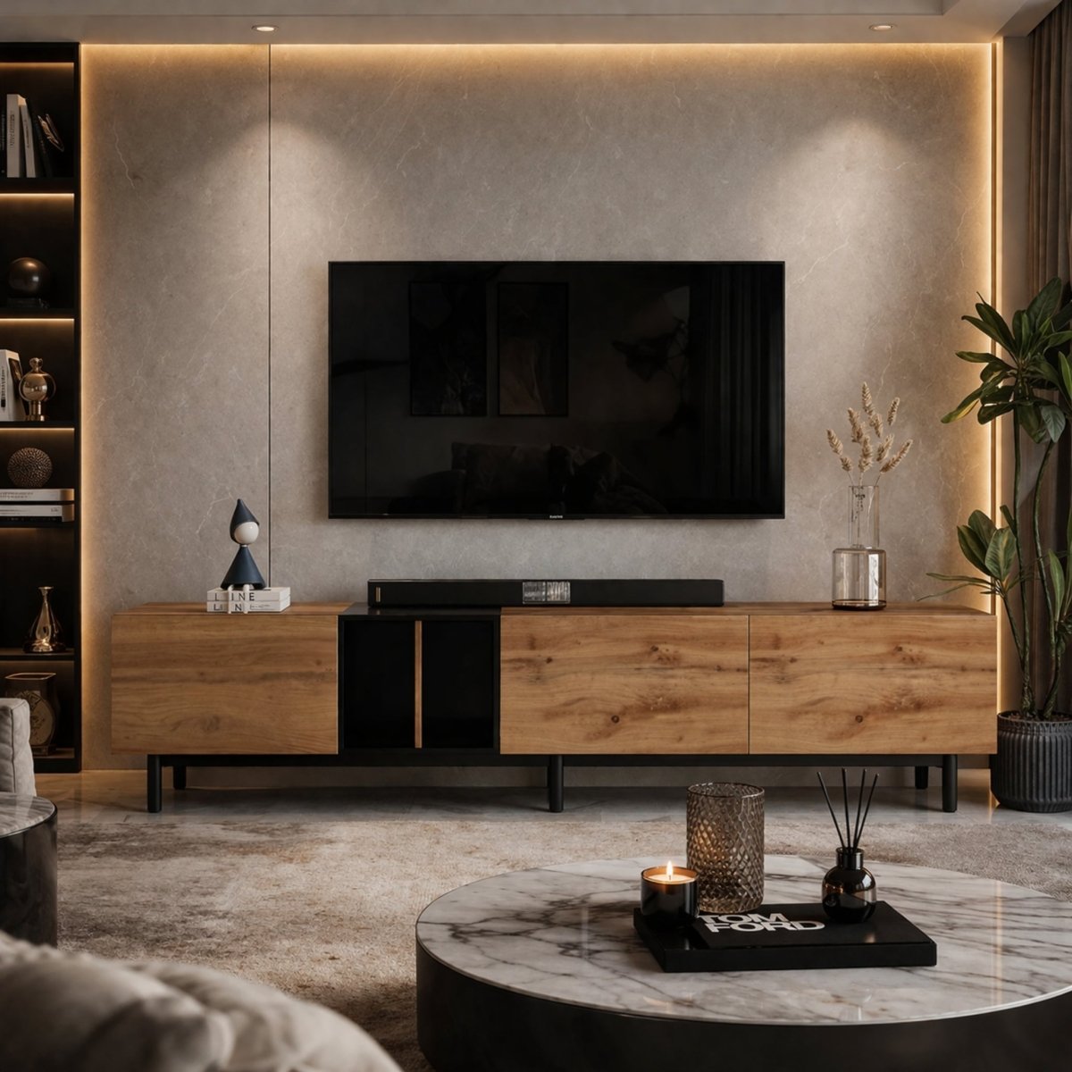 Front view of the Kouvr modern minimalist wood TV stand in a luxury living room setting, featuring a low profile design, matte black accents, and an extra-long surface supporting a large flat screen television.