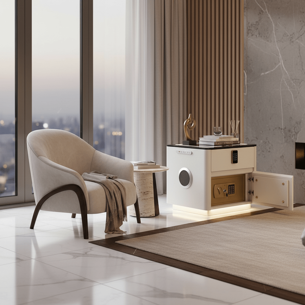A wide-angle interior photograph of a minimalist modern living space. An upholstered armchair is placed near a window with a city view. Next to the chair is a white multi-functional smart table featuring an open safe door, displaying its keypad, and topped with curated decorative items.