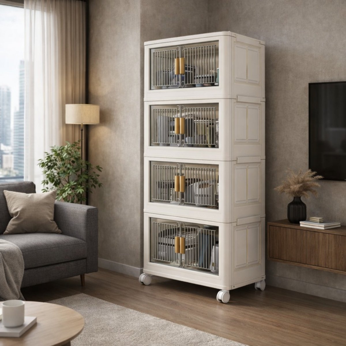 Modern stackable storage bins with gold handles styled as a side cabinet in a contemporary living room.