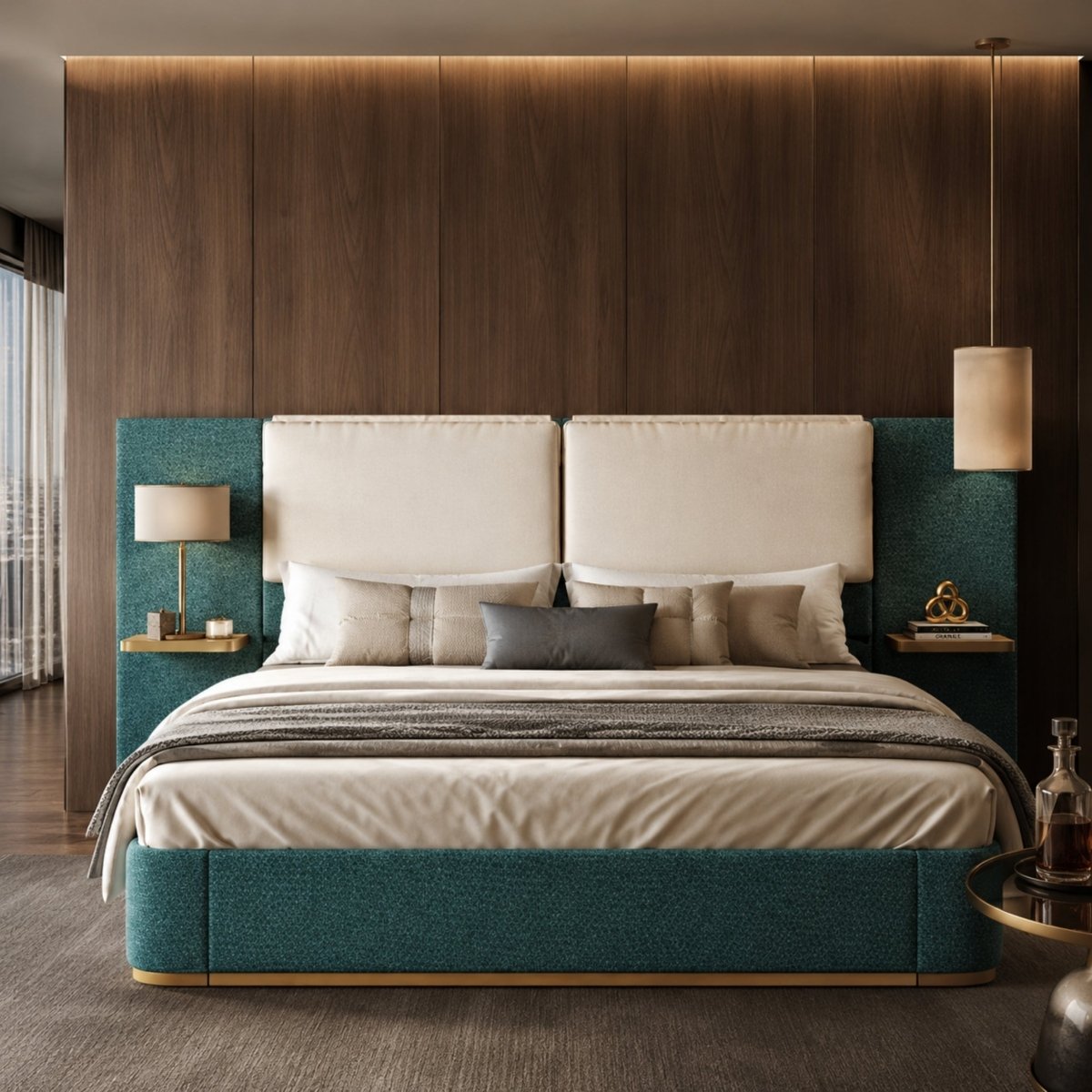 Front view of a modern luxury upholstered platform bed featuring built-in floating wooden nightstands and a dual-panel padded headboard in a contemporary bedroom.