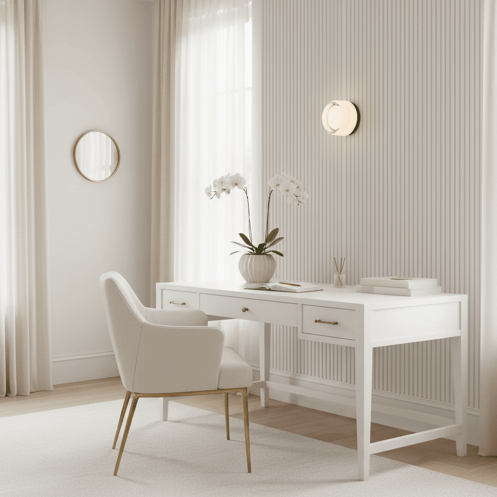 Minimalist white home office desk setup featuring a circular glass wall light mounted on a white fluted accent wall.