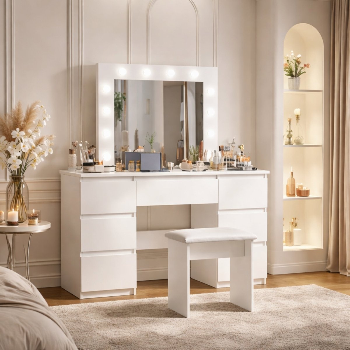 Angled lifestyle view of a modern white dressing table featuring 7 spacious storage drawers and a 12-bulb Hollywood mirror.