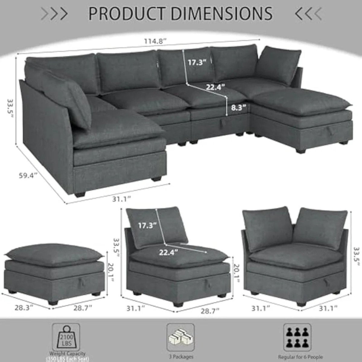 Dark Grey kouvr sectional sofa with dimensions displayed