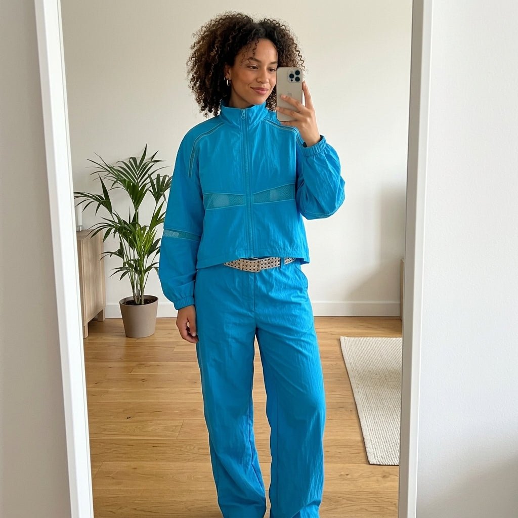Woman taking a mirror selfie wearing the Kouvr bright blue zip-up track jacket paired with matching blue pants for an athleisure look.
