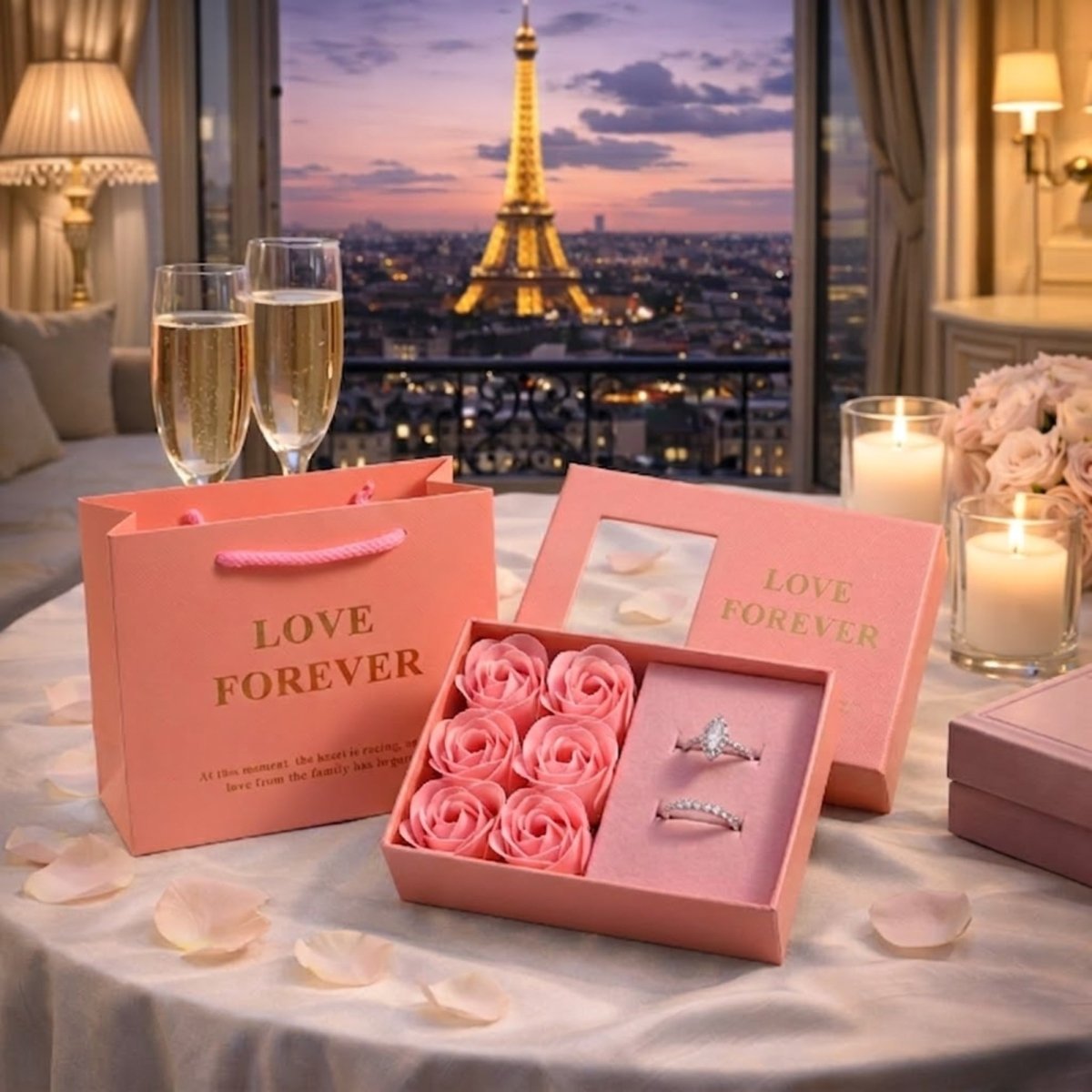 A delicate, monochromatic pink Valentine's gift set on a table in front of a Paris balcony view of the Eiffel Tower, featuring a pink paper bag and two boxes with six pink preserved roses and two diamond rings, champagne, and candles.