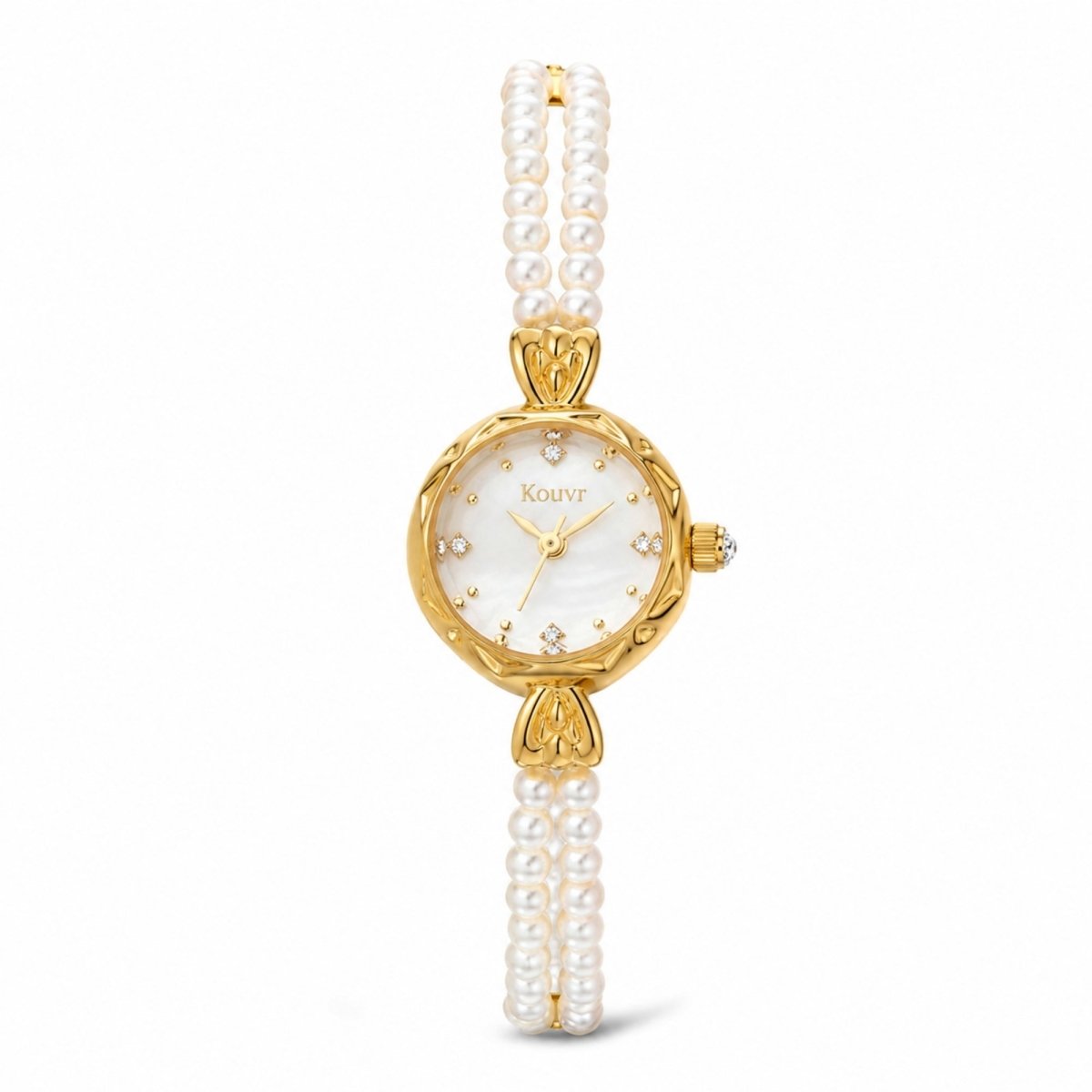 Front view of the Kouvr gold women's watch featuring a mother of pearl dial and double row real pearl strap.
