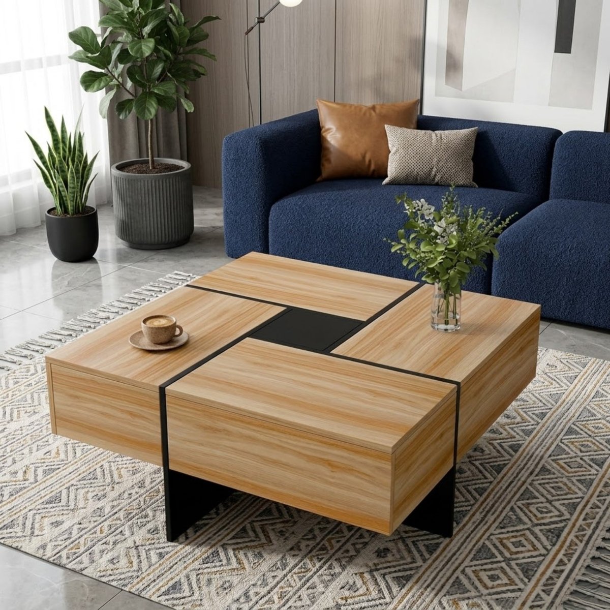 Natural light oak wood square center table with black geometric accents styled in a bright, modern living room.
