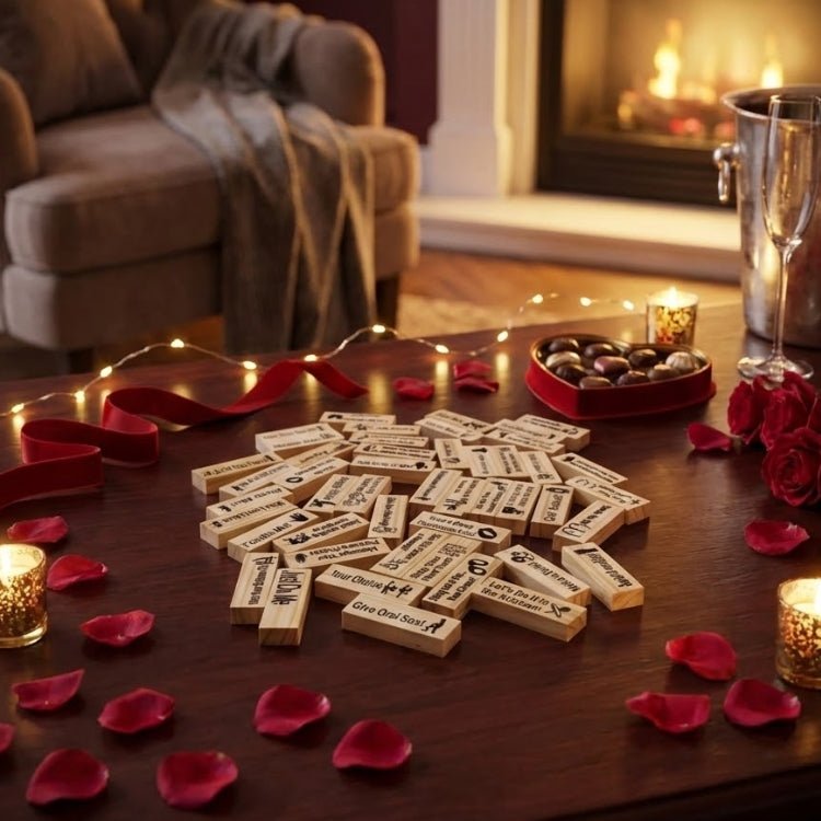 Close up of scattered wooden blocks from an adult naughty game featuring spicy prompts like "Give Oral" and "Let’s Do It in the Kitchen" on a romantic table.