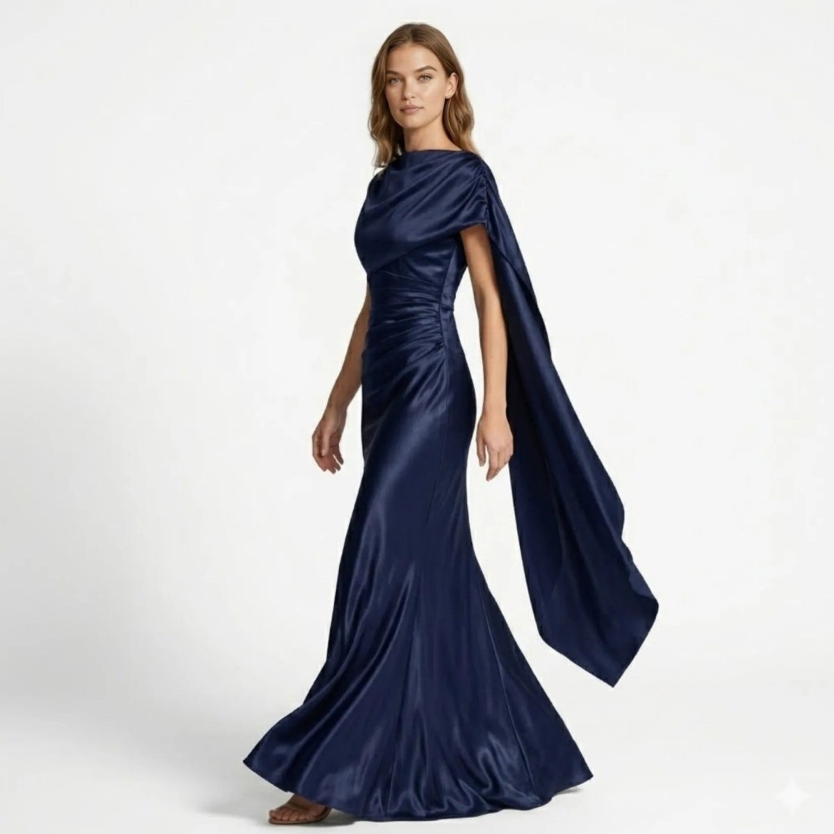 Side profile of female model wearing the Kouvr navy blue satin evening gown showing the dramatic flowing cape sleeve and waist ruching.