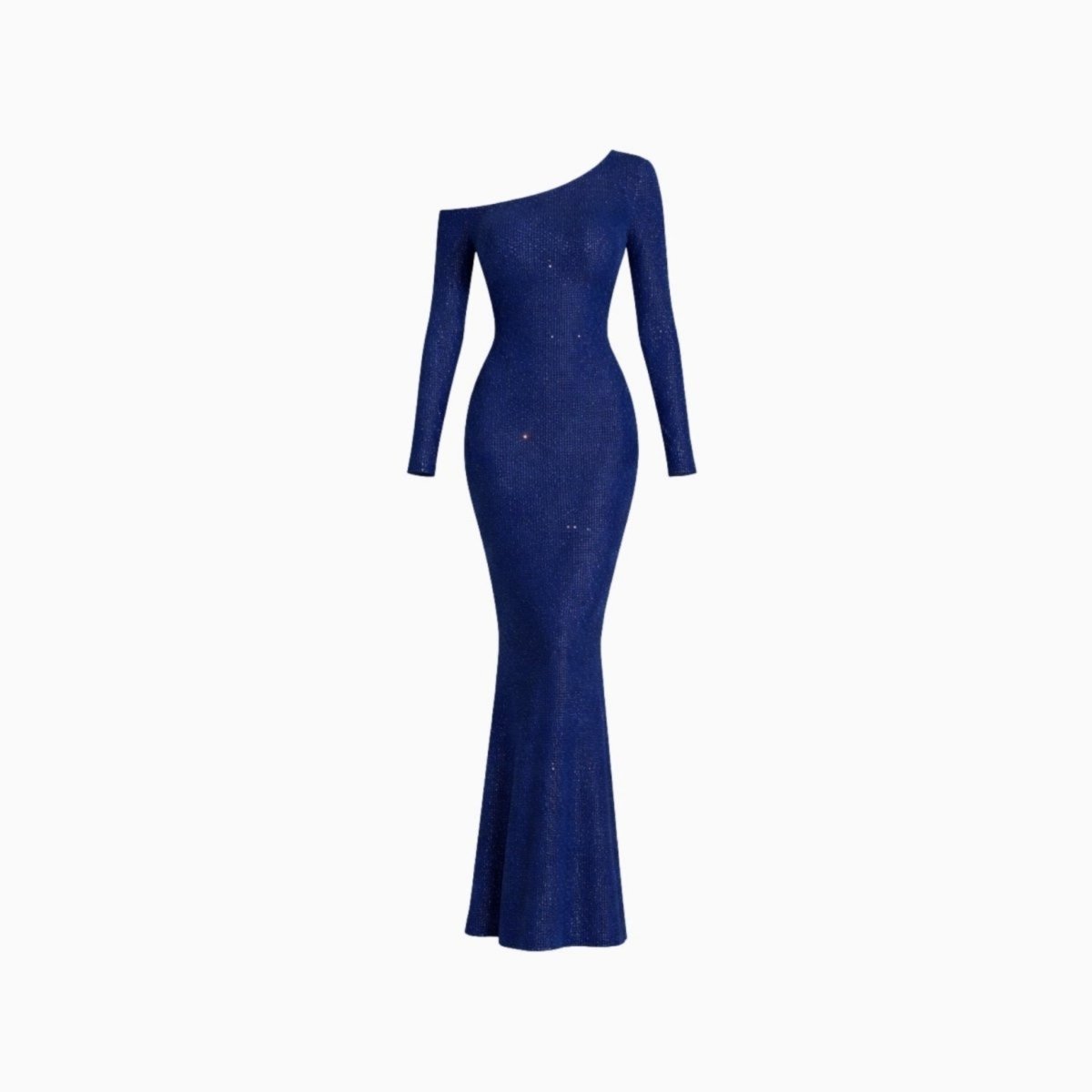 Product shot of the navy blue sequin long sleeve formal dress showcasing the bodycon to mermaid silhouette.