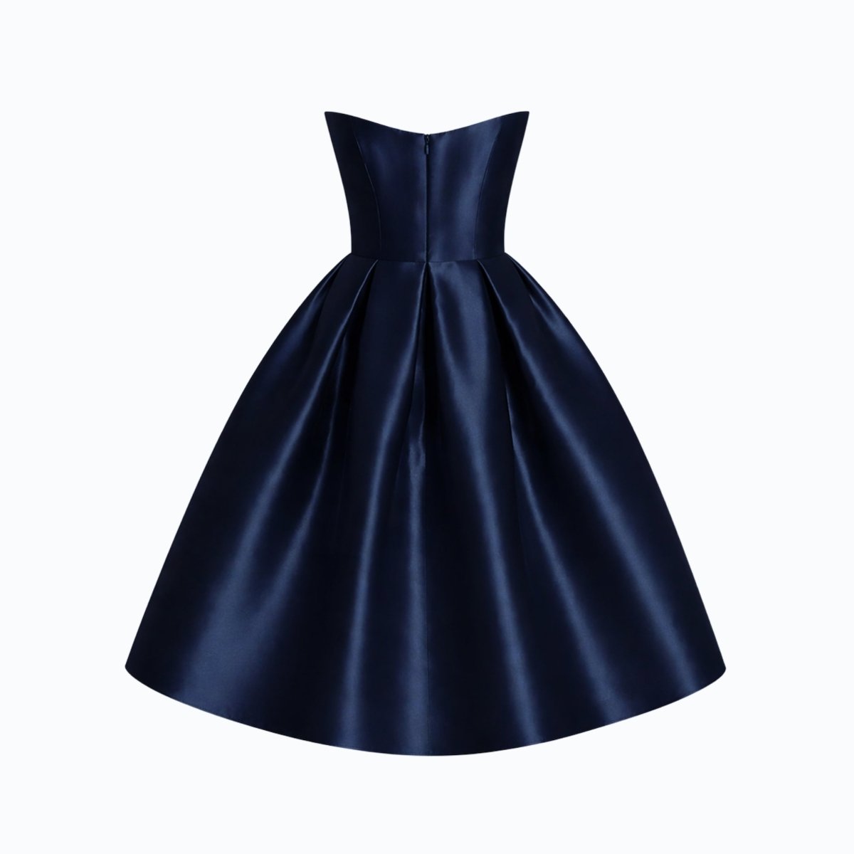 Product back view of luxury structured navy evening gown showing bodice seams and elegant drape.
