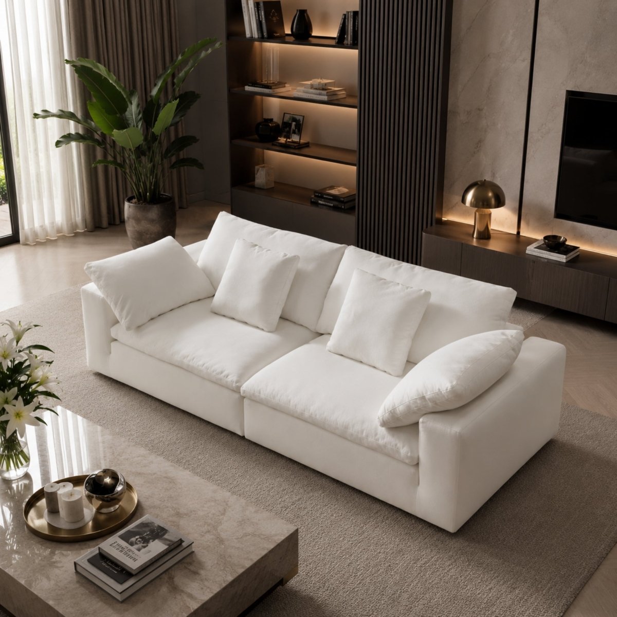 Overhead angled view of the luxurious 3-seater white cloud couch styled with elegant modern home decor.