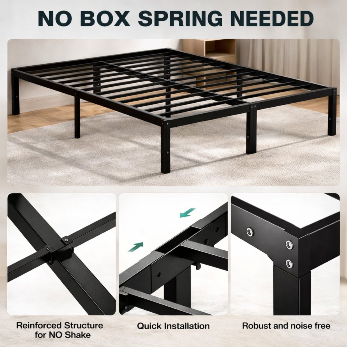 Diagram of reinforced corner joints and easy assembly features of the Kouvr noise-free metal platform bed.