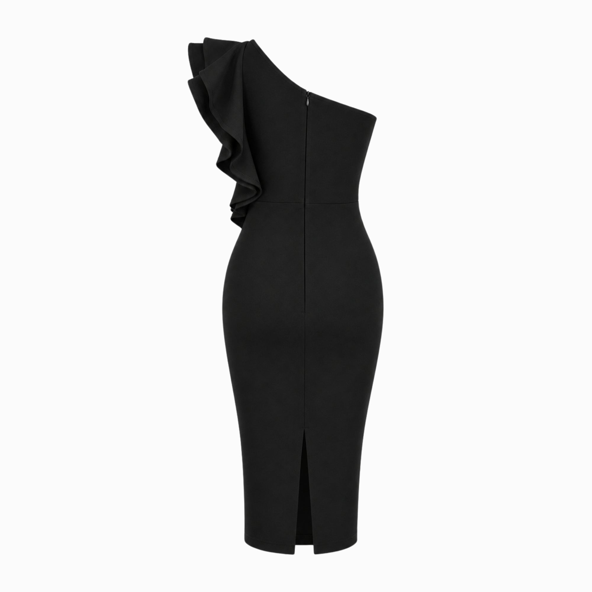 Back flat lay view of black stretch crepe midi dress with tailored back darts and hem slit.