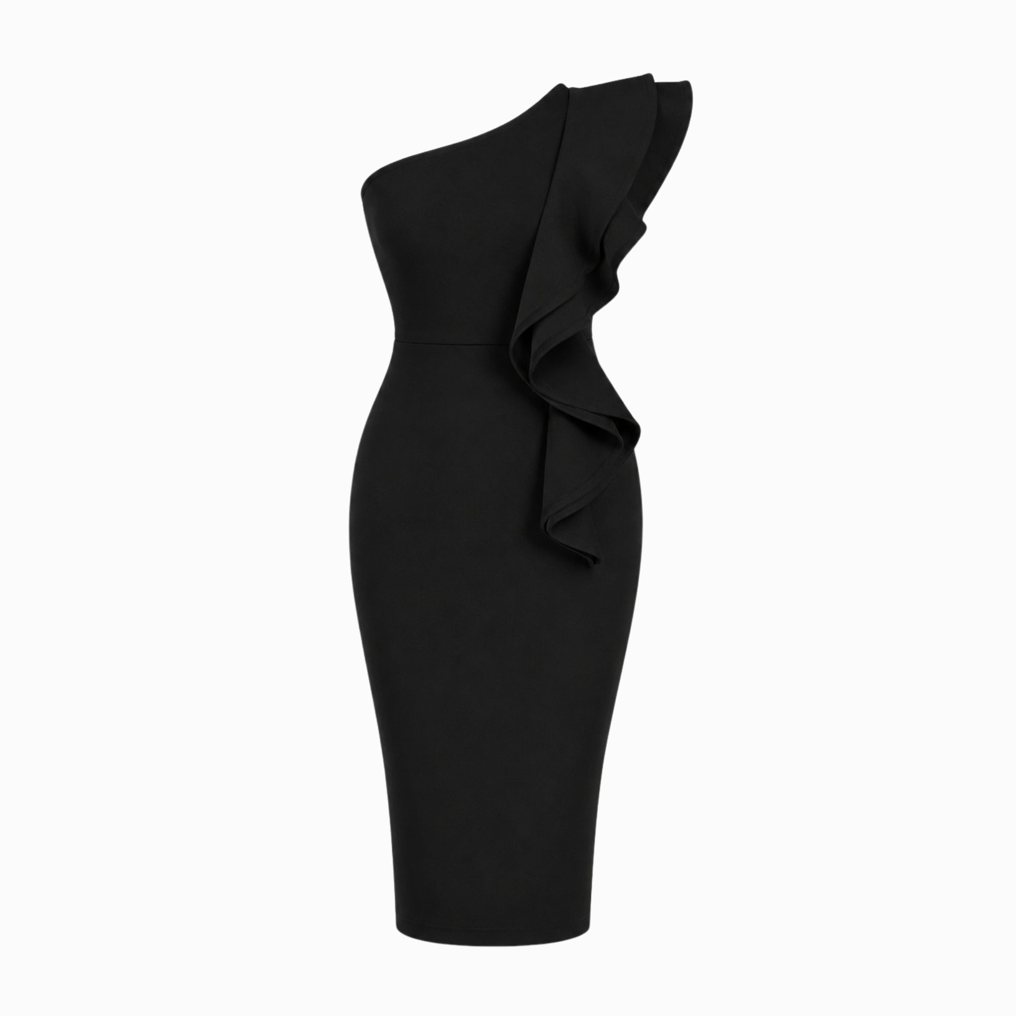 Flat lay of black one-shoulder midi dress highlighting cascading statement ruffle on the bodice.