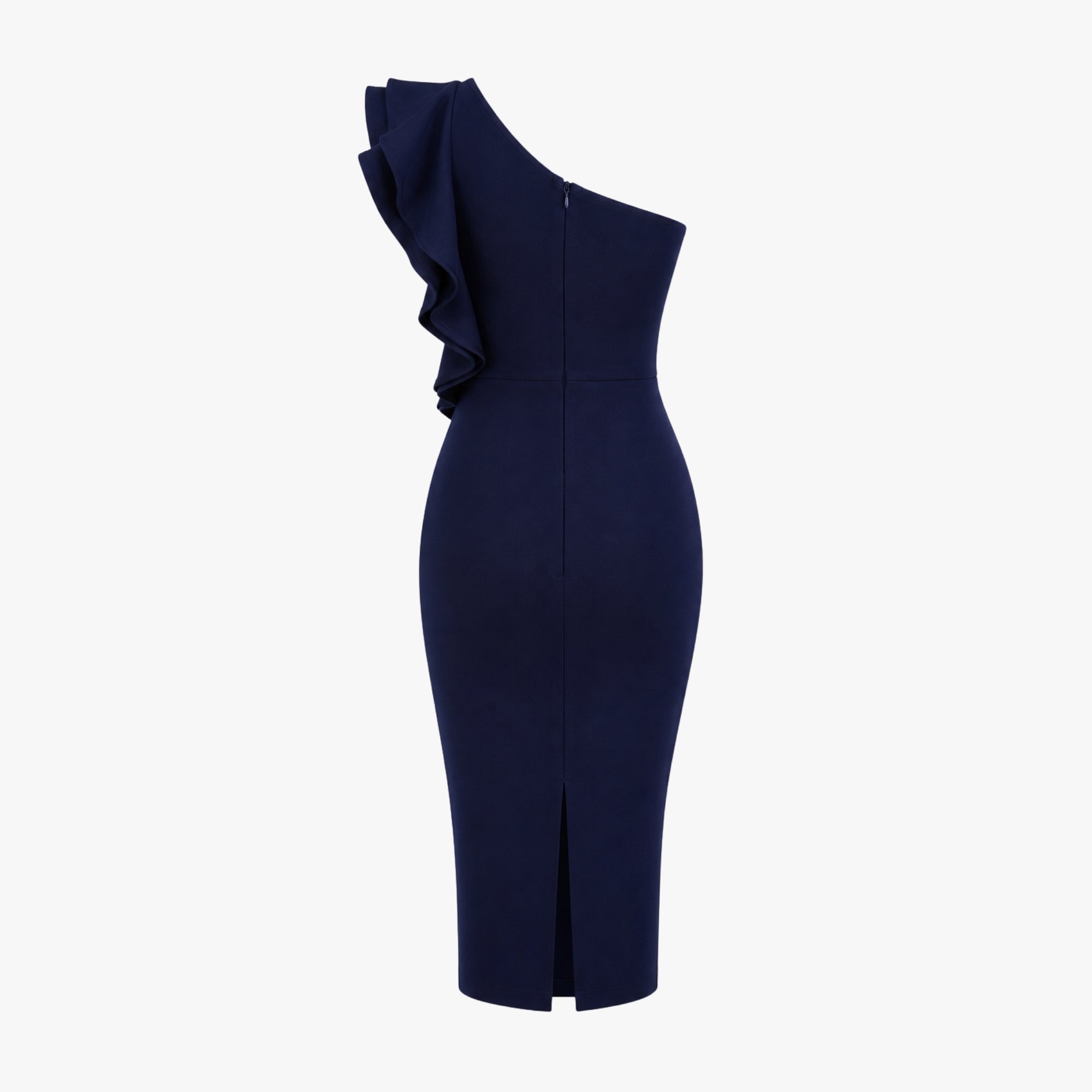 Clean back view of navy blue bodycon dress showing high-quality affordable luxury construction.