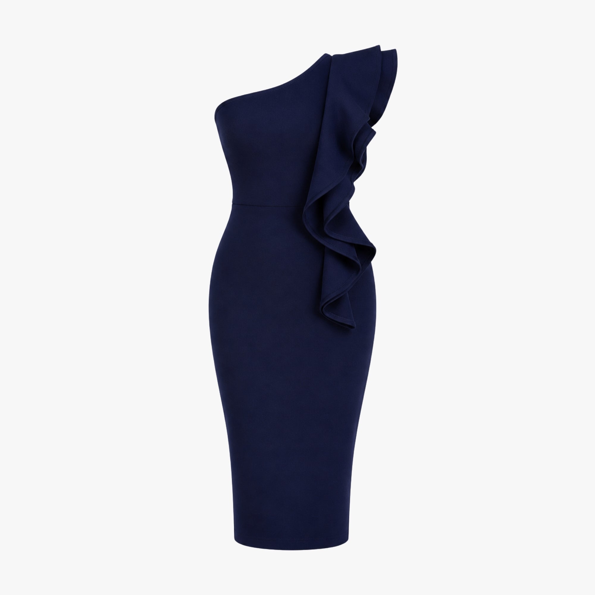 Product shot of navy blue asymmetrical midi dress with oversized statement ruffle detail.