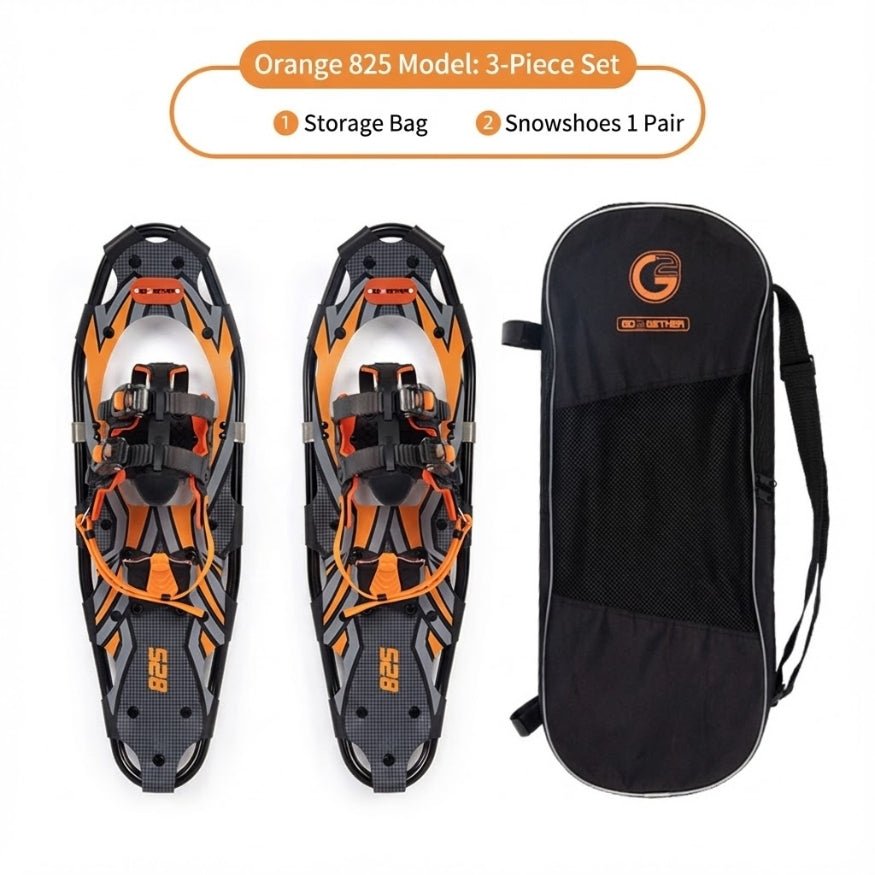Product layout of the Orange 825 Model 3-piece set including one pair of snowshoes and a branded black carrying bag.