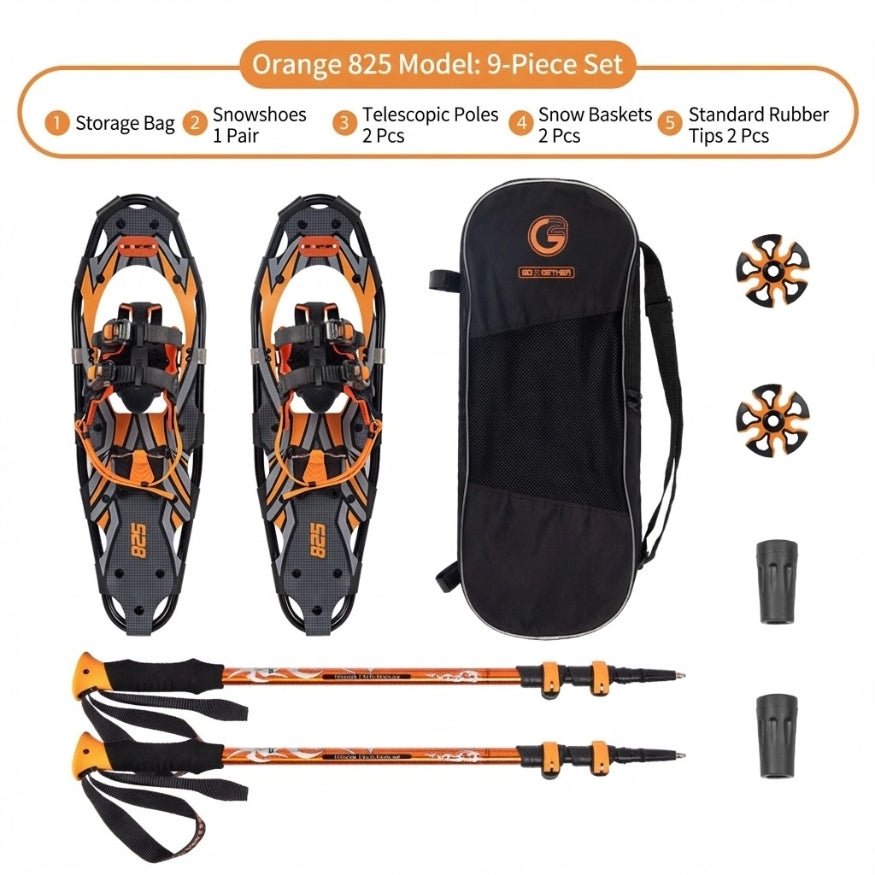 Full 9-piece snowshoeing kit featuring Orange 825 snowshoes, telescopic trekking poles, snow baskets, and rubber tips.